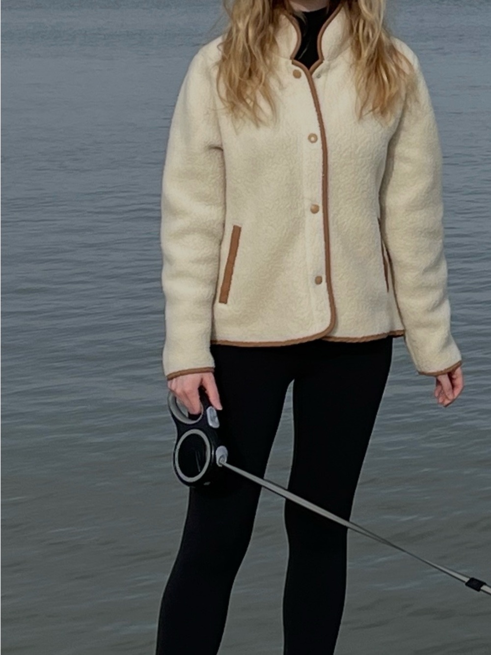 J. Crew Women's Cream Sherpa Jacket with Tan Accents & Snap Closure